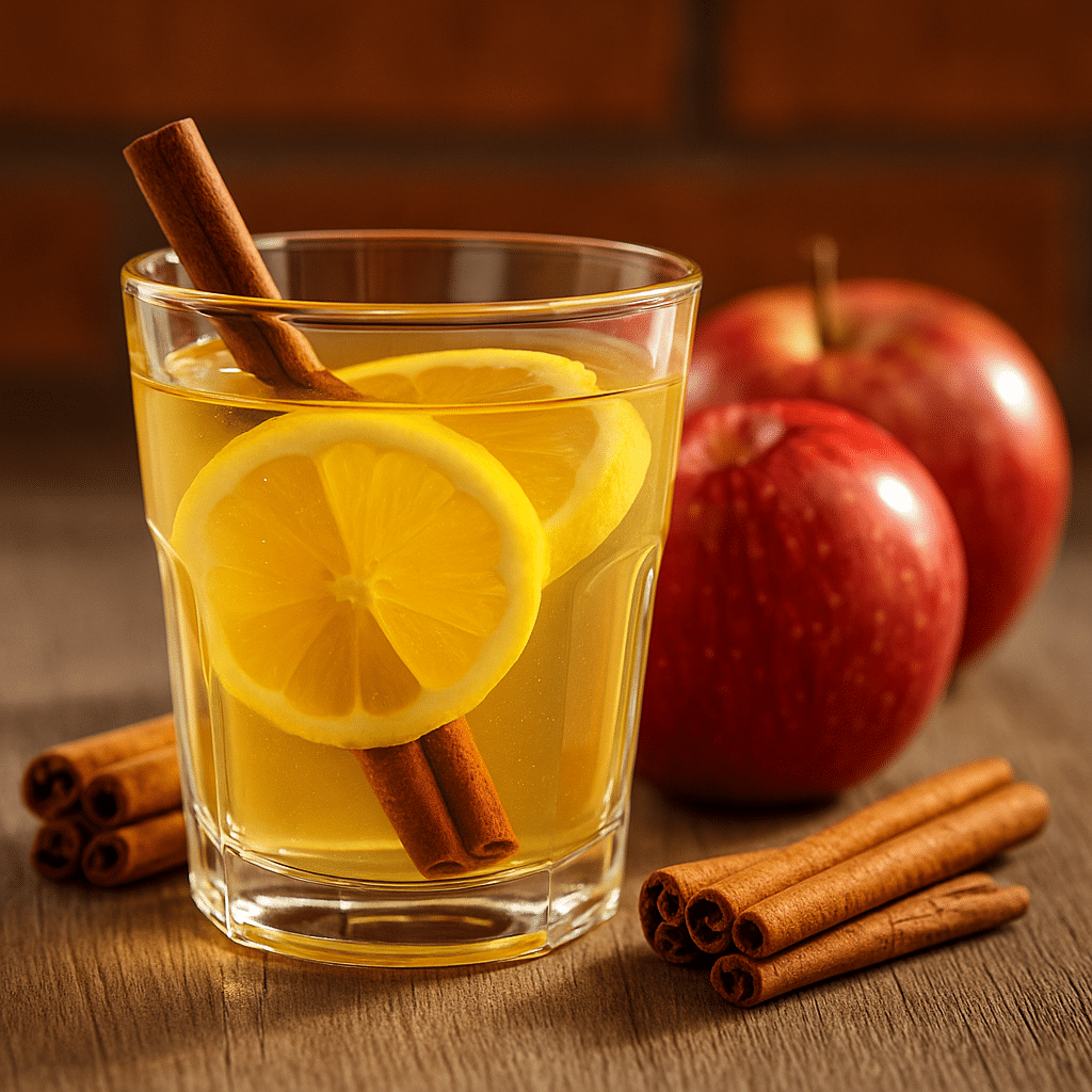 Apple cider vinegar weight loss drink with lemon slices and cinnamon stick, surrounded by red