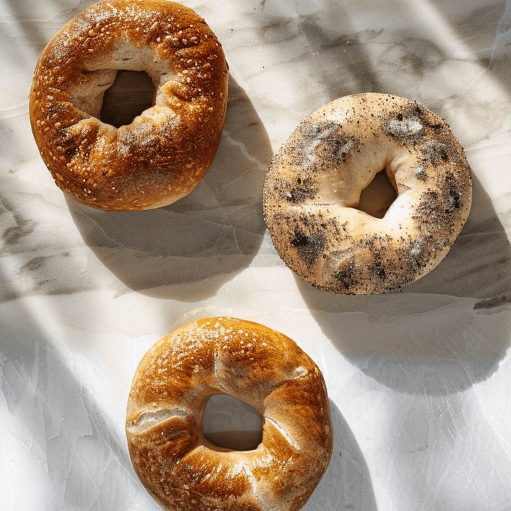Three bagels showing different freshness stages: fresh, stale, and moldy