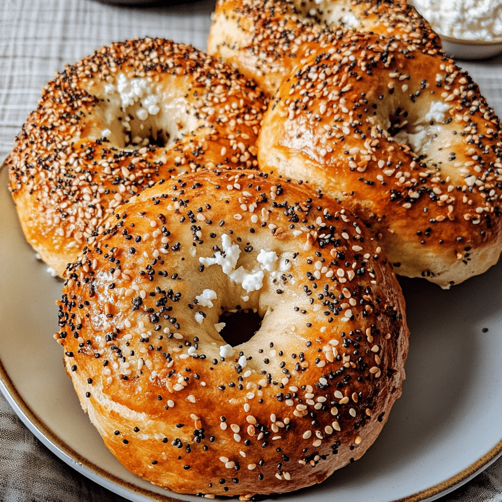 Baked cottage cheese protein bagels topped with sesame and poppy seeds on a plate