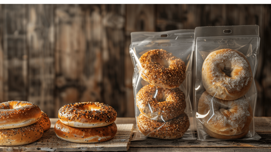 Fresh bakery bagels next to sealed packaged store-bought bagels