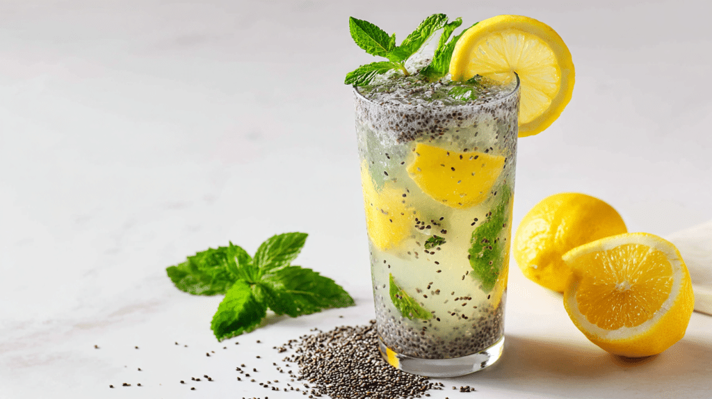Chia seed lemonade with lemon and mint, served cold