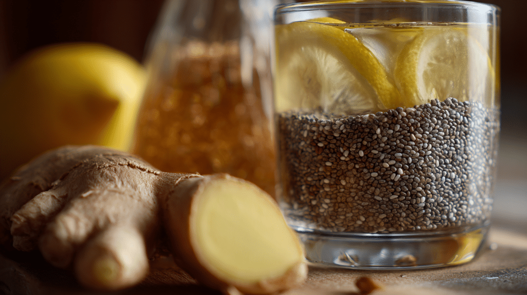 Soaked chia seeds in water with lemon and apple cider vinegar on a rustic table