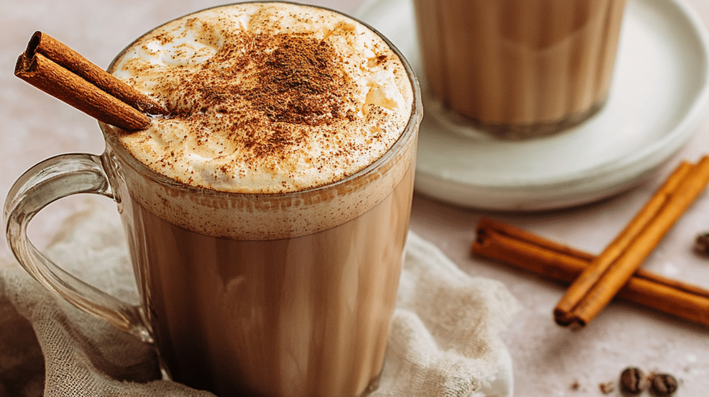Cinnamon coffee drink with stick on rustic saucer