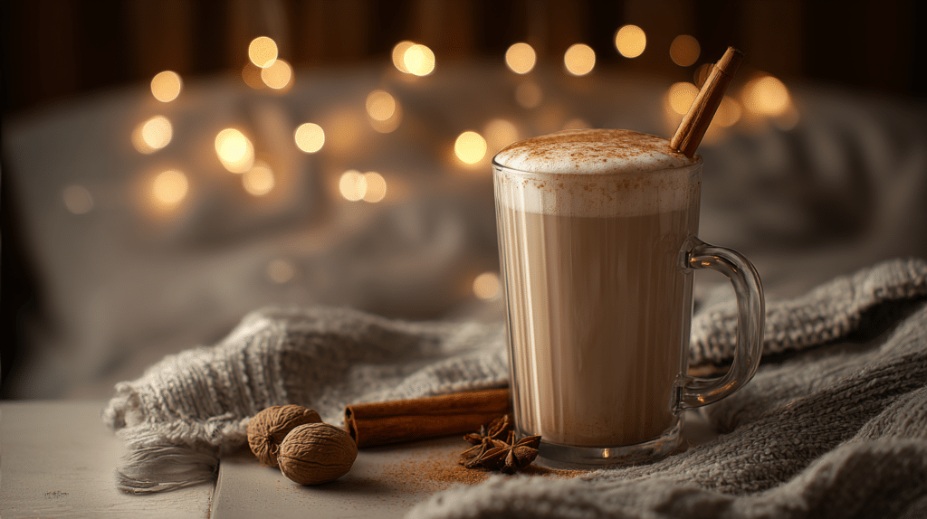 Warm cinnamon milk in glass with stick and nutmeg