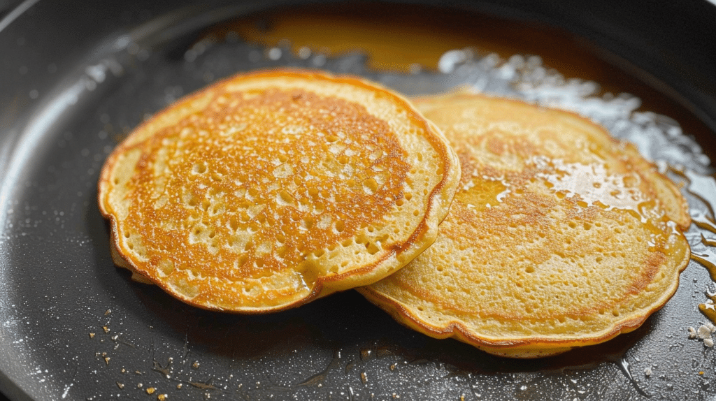 banana protein pancakes cooking in skillet with golden edges