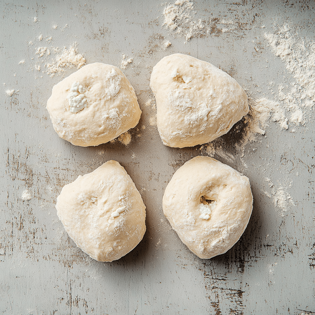 Divided portions of raw cottage cheese protein bagel dough on floured surface