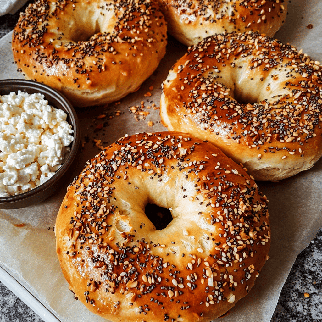 Freshly baked cottage cheese protein bagels topped with seeds