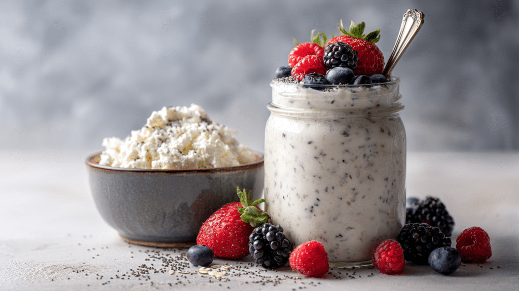 Cottage cheese smoothie topped with berries and chia