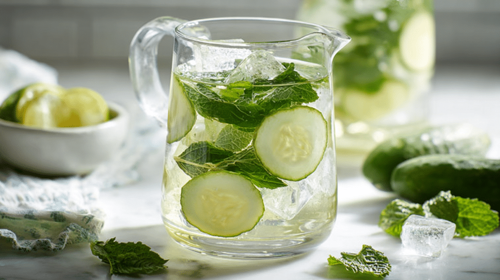 Glass pitcher of cucumber and mint detox water