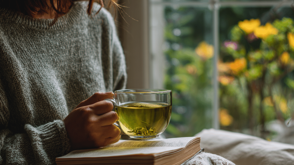 woman sipping green tea during calm afternoon routine