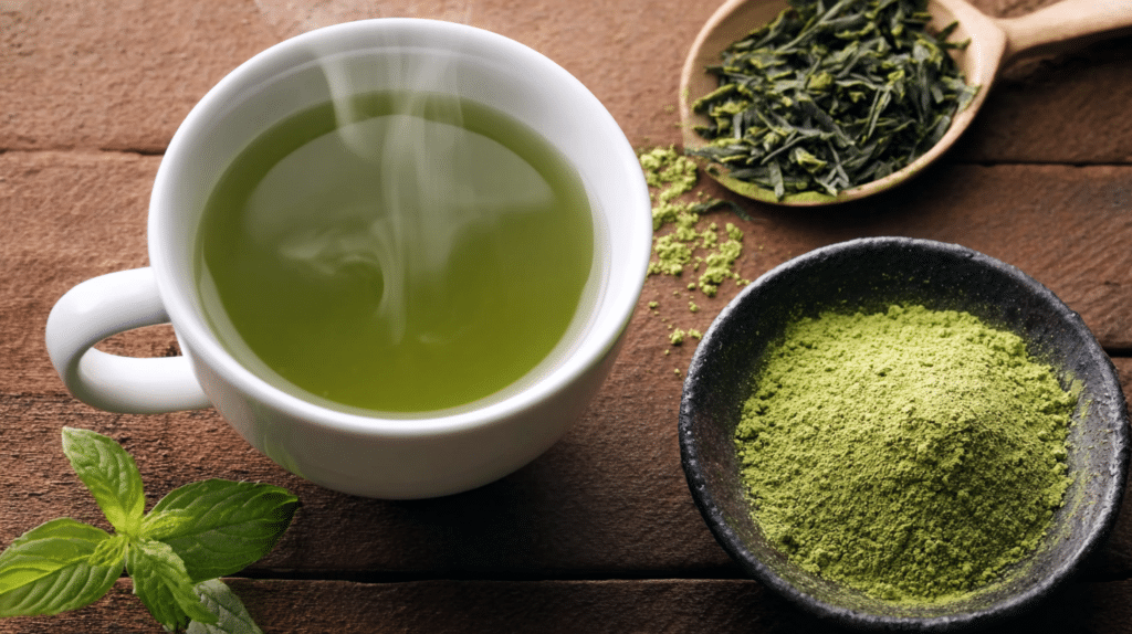 Hot green tea with mint on table, used for weight loss
