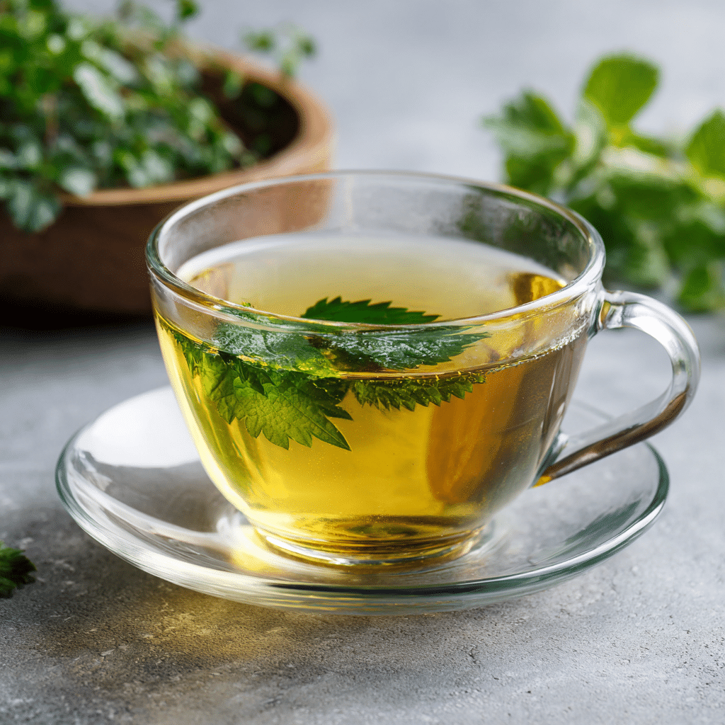 Clear glass cup of green tea with fresh mint leaves on a stone surface