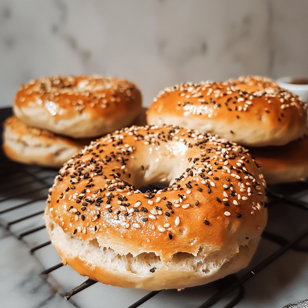 High-protein everything bagel topped with sesame and poppy seeds on a white plate