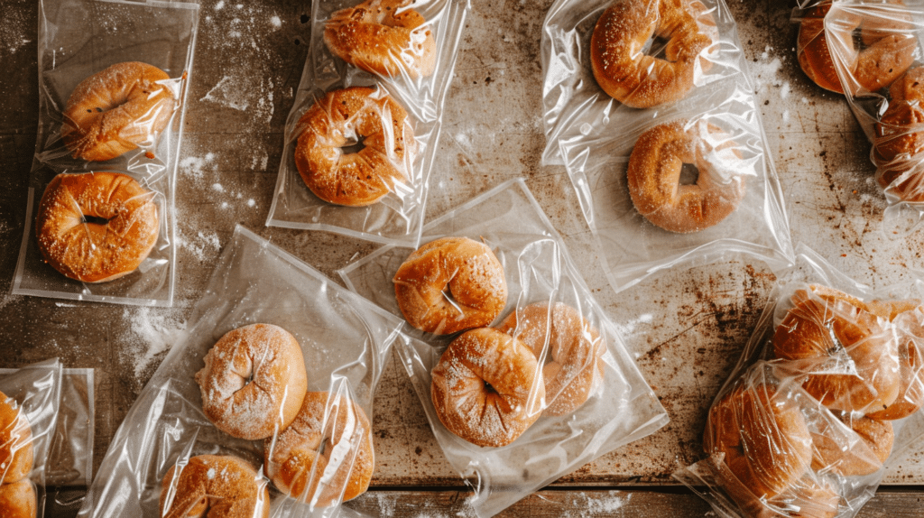 Sliced bagels being wrapped in plastic and stored in labeled freezer bags