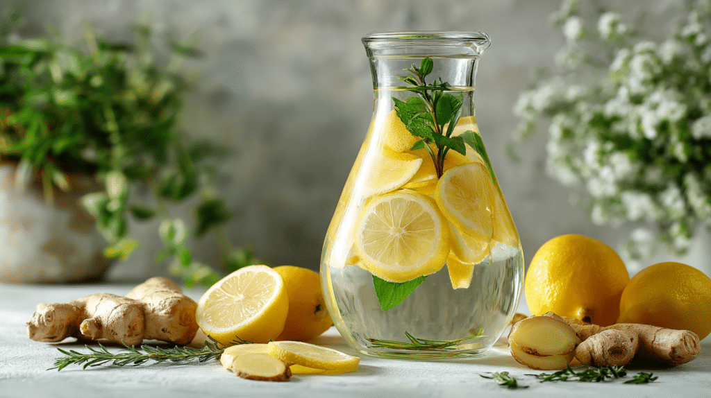 Detox water with lemon slices and ginger root