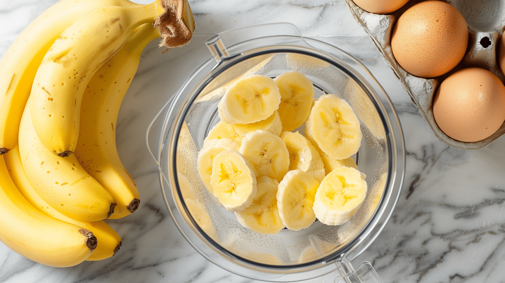hands mashing ripe banana in bowl for pancake batter
