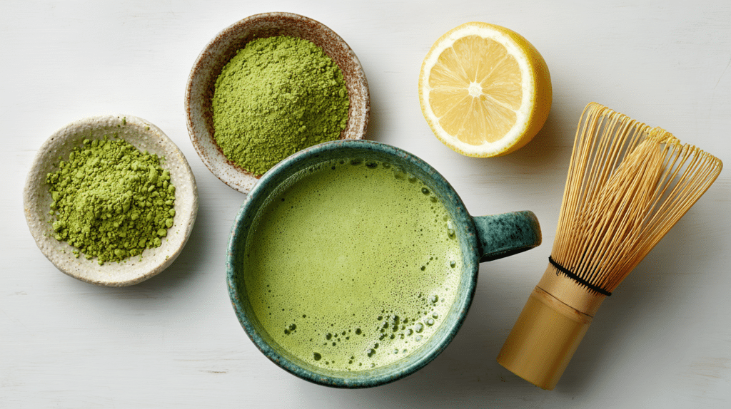 matcha green tea for weight loss with lemon and bamboo whisk