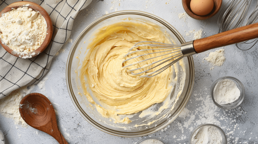whisking banana and protein pancake batter in glass bowl