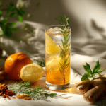 Natural weight loss drink in a glass surrounded by detox ingredients and herbs