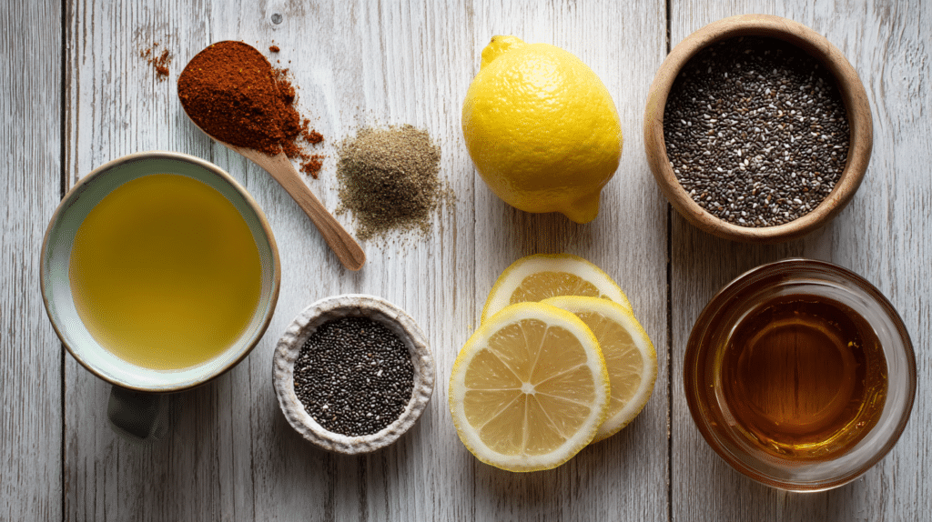 Flat lay of lemon, cayenne, honey, chia seeds and apple cider vinegar on wood