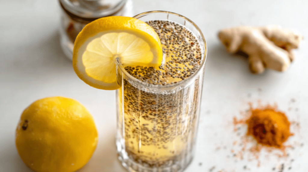 Natural Zepbound recipe drink with chia seeds, lemon, and cayenne in clear glass