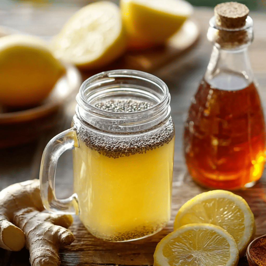 Natural zepbound recipe in a mason jar with chia seeds, lemon, ginger, and cayenne