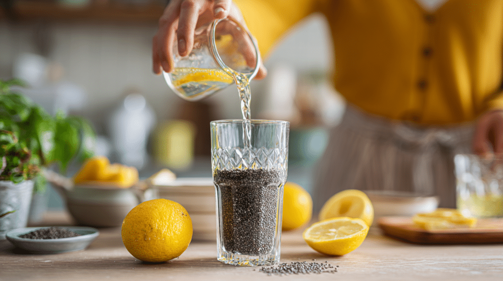 Woman pouring homemade natural detox drink with lemon and chia into glass