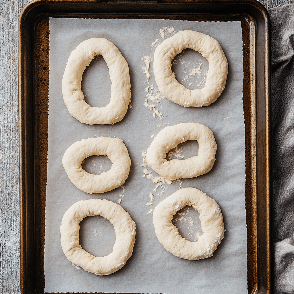 Hand-shaped raw cottage cheese protein bagels on parchment-lined tray