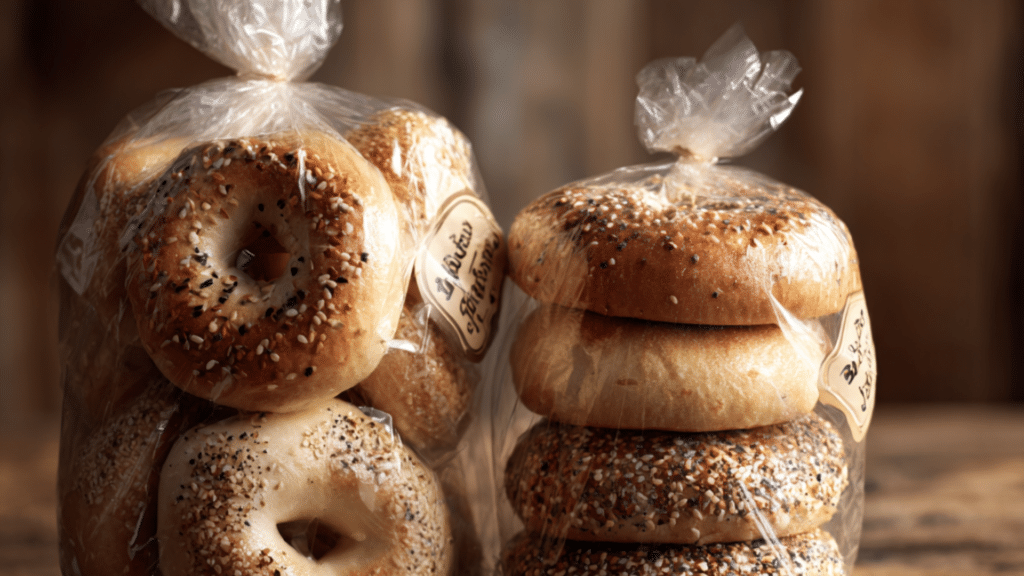 Two bags of store-bought bagels sealed in plastic packaging