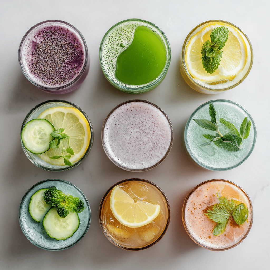 Assortment of 10 natural weight loss drinks including green tea, chia lemonade, and detox water on a clean white background