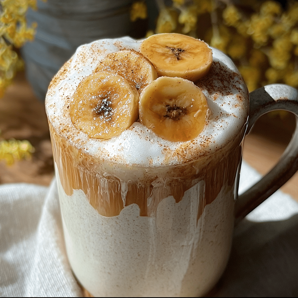 Banana Bread Latte in a rustic mug with cinnamon and banana slice garnish