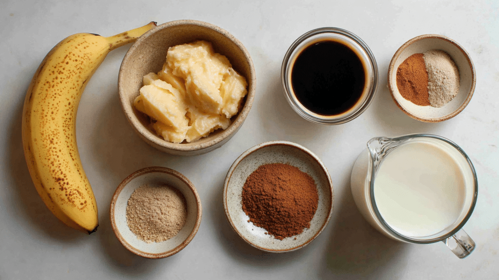 Ingredients for a banana bread latte laid out on a rustic kitchen counter