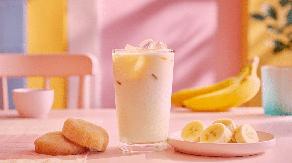 Iced banana latte in a tall glass at a modern Korean café
