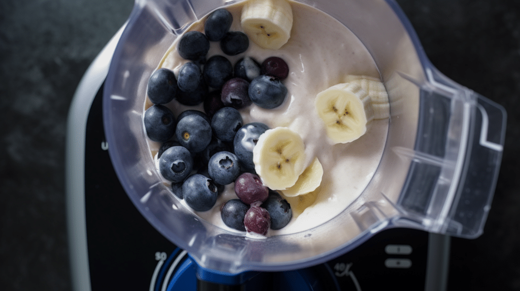 Blender top view with cottage cheese smoothie ingredients