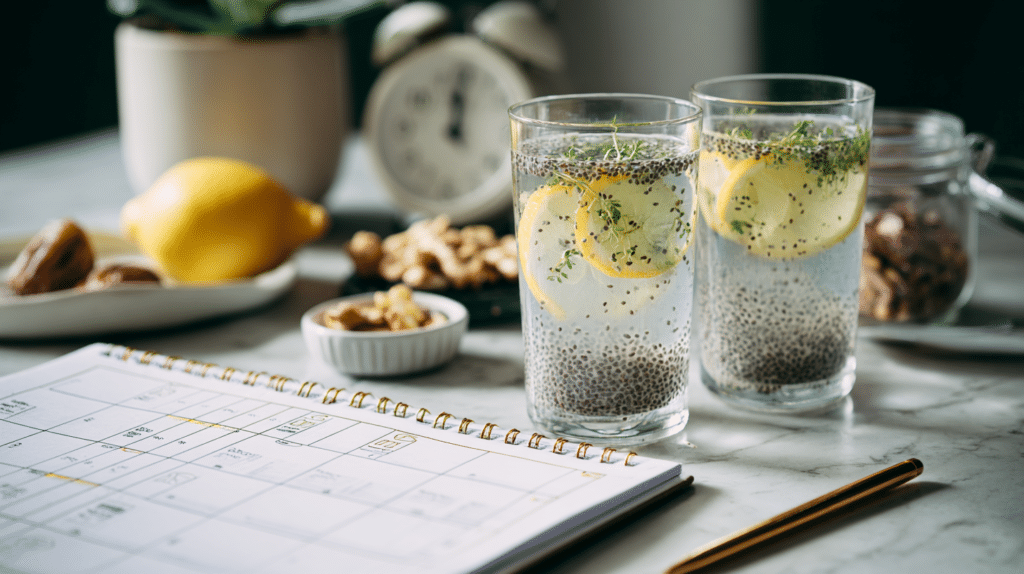 Chia lemonade next to a daily planner and healthy snacks