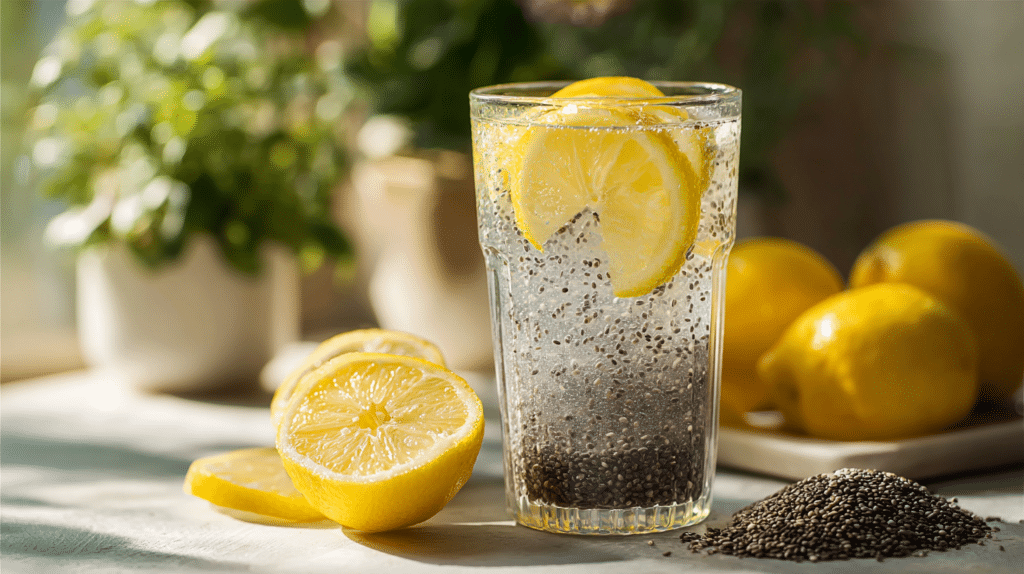 Glass of chia lemonade with lemon slices and soaked chia seeds
