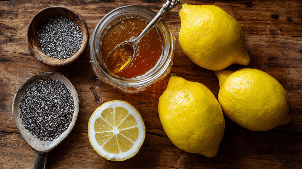 Chia lemonade ingredients displayed on a wooden table