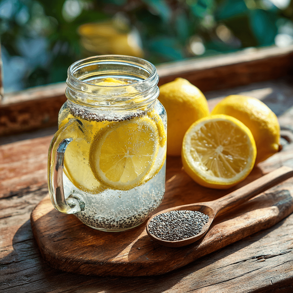 Chia lemonade with lemon slices in a glass jar on a rustic table