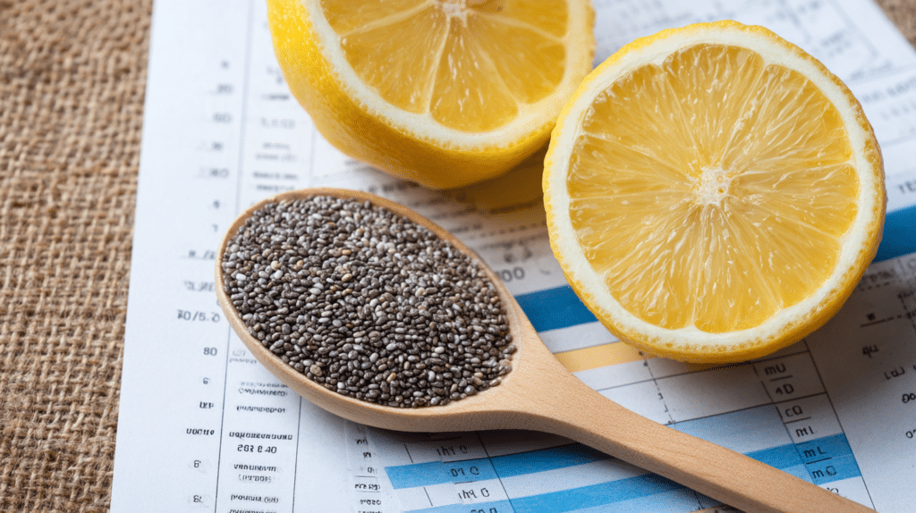 Chia seeds and lemon next to a nutrition chart