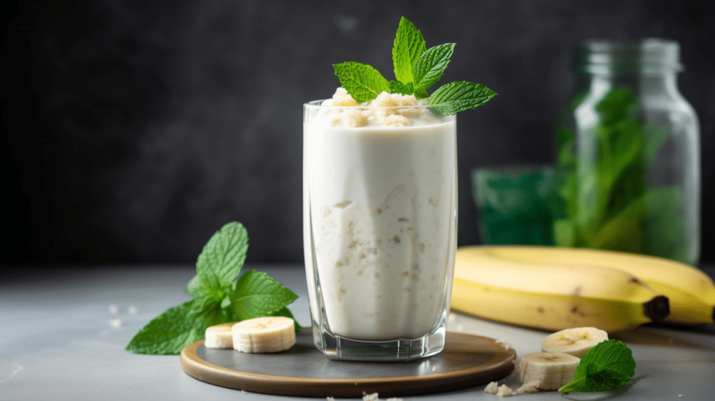 Thick cottage cheese smoothie served in a glass with banana topping