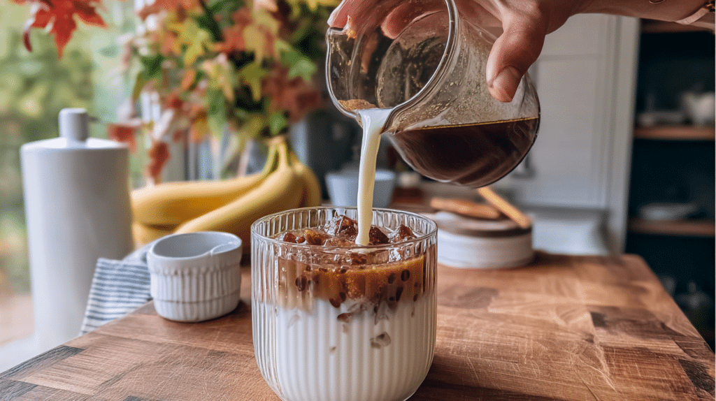 Hands making a banana bread latte at home in a cozy kitchen
