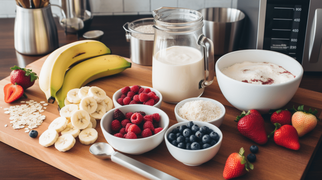 Flat lay of cottage cheese smoothie ingredients on kitchen counter