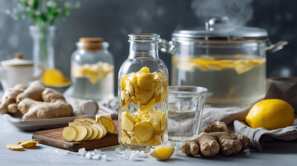 step-by-step making of lemon ginger water with sliced lemon and boiling pot