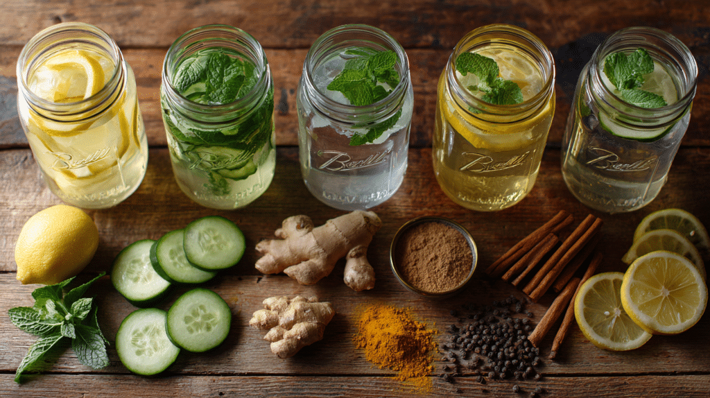 variations of lemon ginger water in jars with fresh ingredients