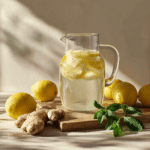 Glass pitcher of lemon ginger water on wooden board with fresh lemons, ginger root, and mint leaves in natural light
