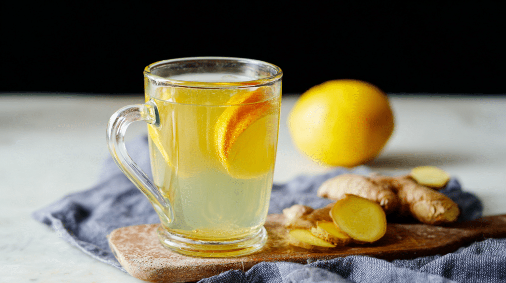 glass mug filled with lemon ginger water, with lemon slices and ginger root on the side
