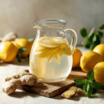 lemon ginger water in a glass pitcher with lemon slices and ginger root