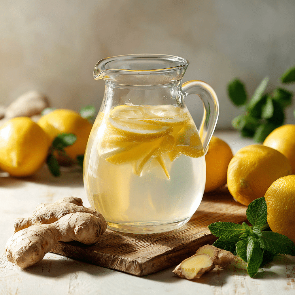 lemon ginger water in a glass pitcher with lemon slices and ginger root