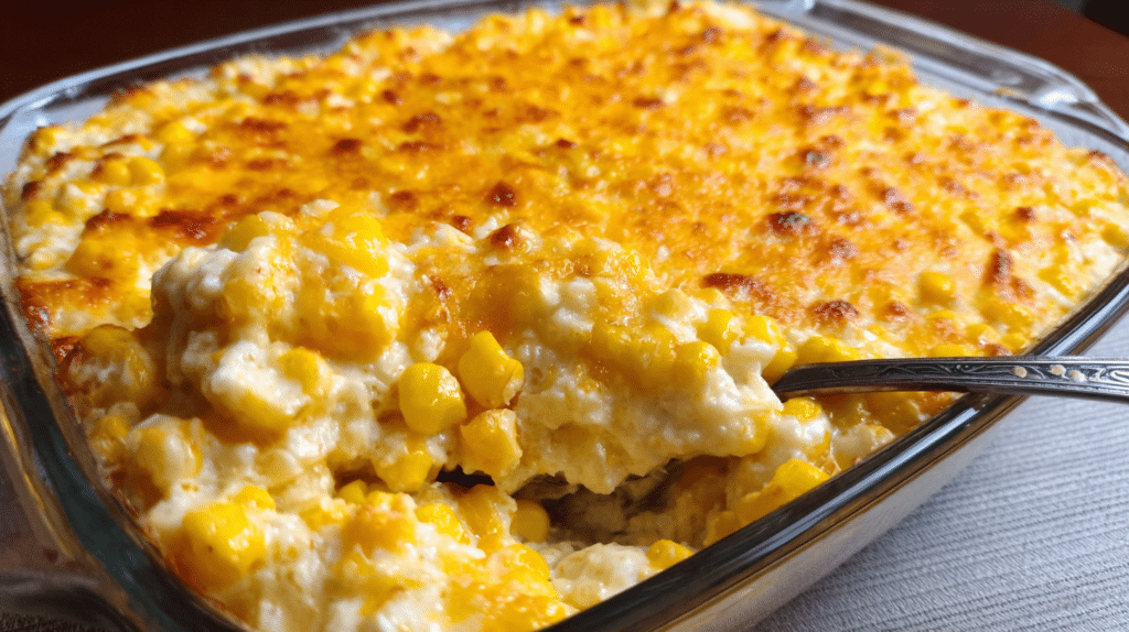Creamy cheesy corn casserole in a glass dish with a spoon serving