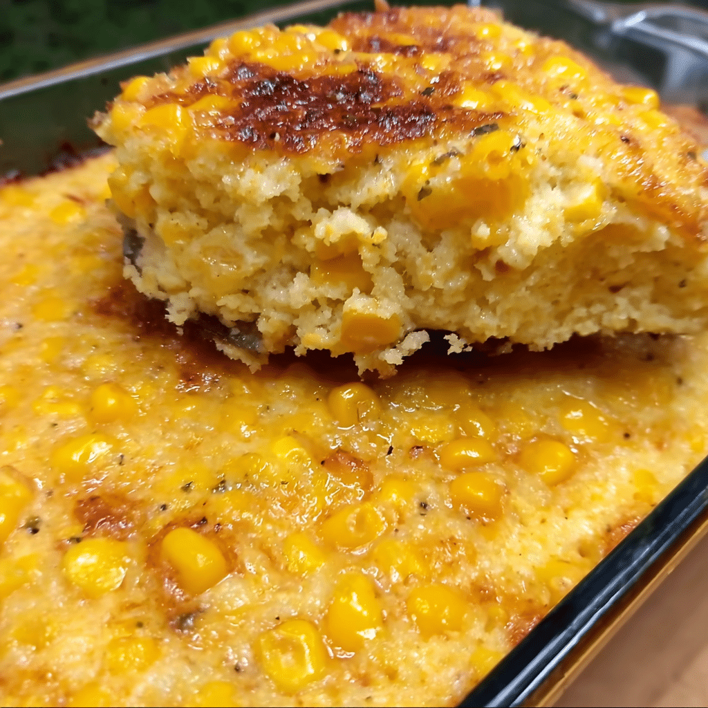 Cream cheese corn casserole close-up with a golden brown top and creamy corn texture